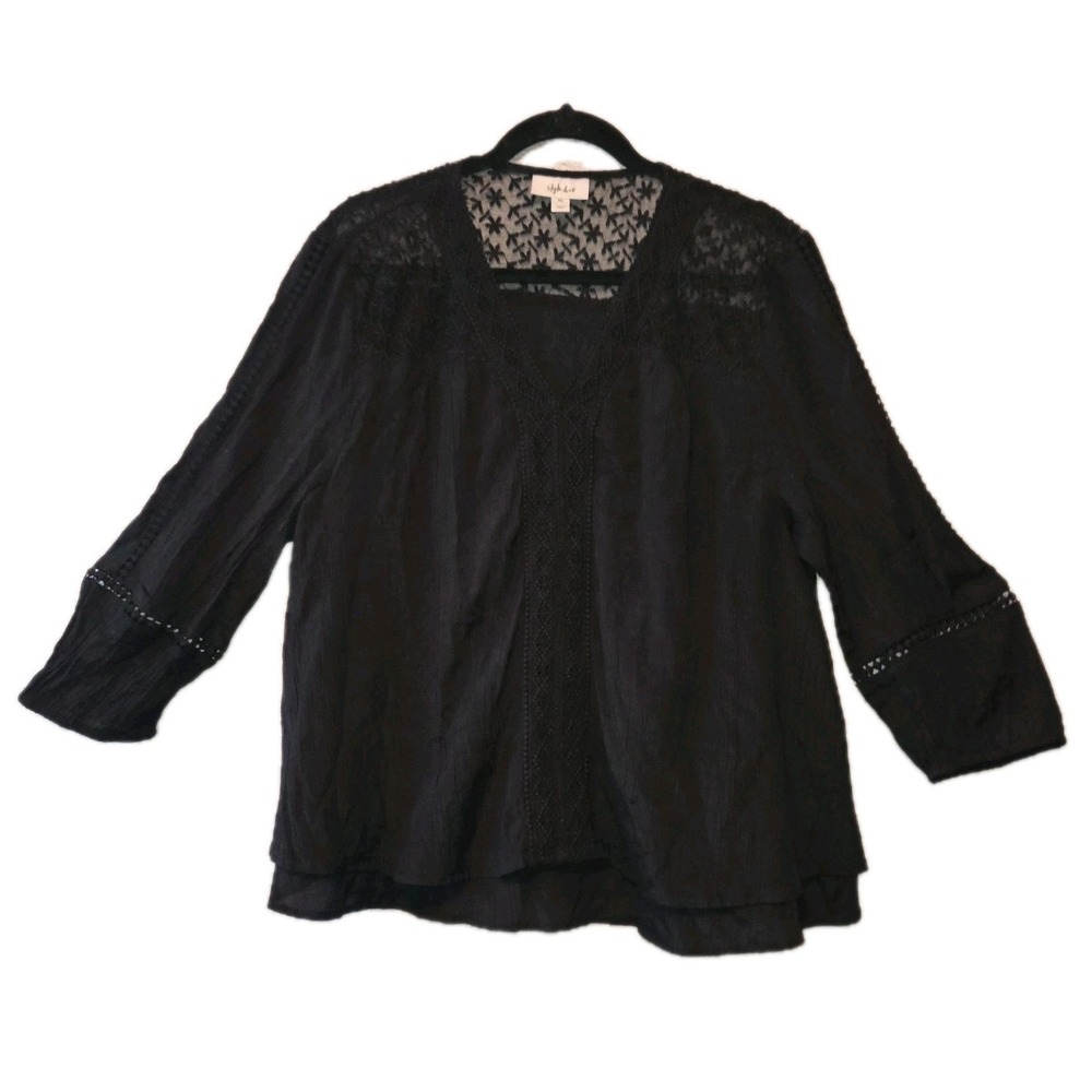Style & Co. Black V-Neck Lace Detail Blouse Embroidered Petite XL 3/4 Sleeve Top